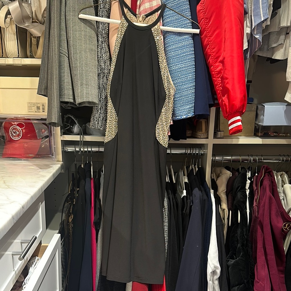 Elegant Black Halter Dress with Gold Accents
